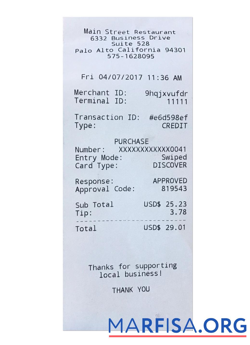 Printable MAIN STREET RESTAURANT payment check example